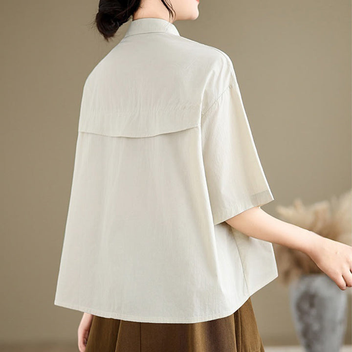 Chemise décontractée en coton à manches mi-longues et col montant avec boutons et motif méduses brodées Buddha Stones pour femme - image 2