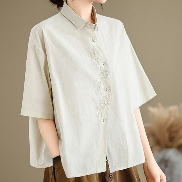 Chemise décontractée en coton à manches mi-longues et col montant avec boutons et motif méduses brodées Buddha Stones pour femme