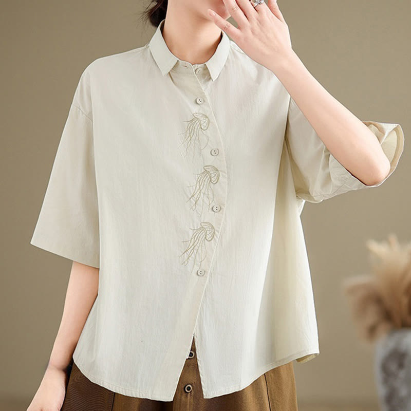 Chemise décontractée en coton à manches mi-longues et col montant avec boutons et motif méduses brodées Buddha Stones pour femme