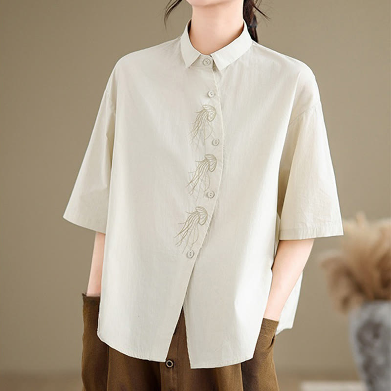 Chemise décontractée en coton à manches mi-longues et col montant avec boutons et motif méduses brodées Buddha Stones pour femme - image 1