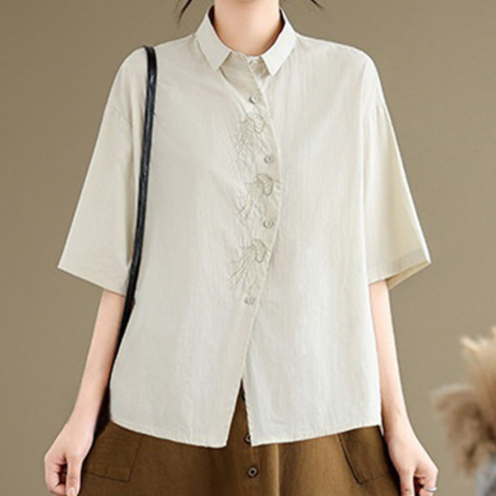 Chemise décontractée en coton à manches mi-longues et col montant avec boutons et motif méduses brodées Buddha Stones pour femme