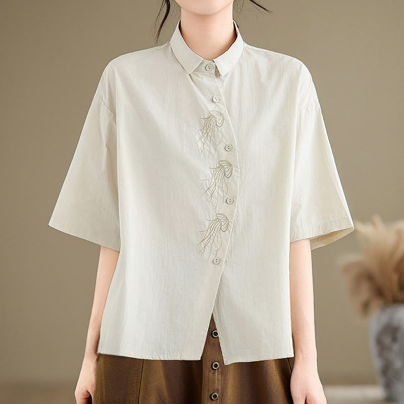 Chemise décontractée en coton à manches mi-longues et col montant avec boutons et motif méduses brodées Buddha Stones pour femme - Beige - US14，UK/AU18，EU46 (2XL) - image 0