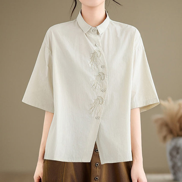 Chemise décontractée en coton à manches mi-longues et col montant avec boutons et motif méduses brodées Buddha Stones pour femme - Beige - US14，UK/AU18，EU46 (2XL) - image 0