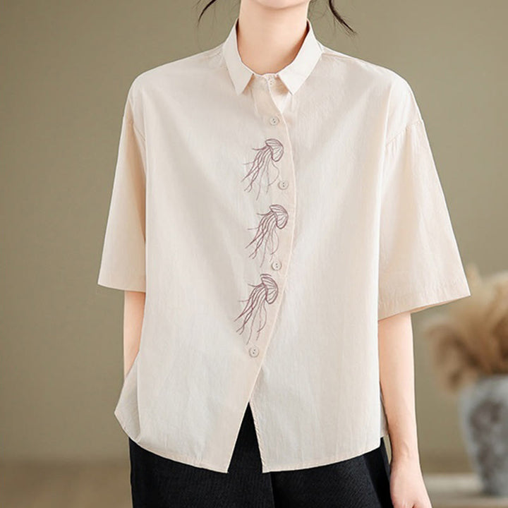 Chemise décontractée en coton à manches mi-longues et col montant avec boutons et motif méduses brodées Buddha Stones pour femme