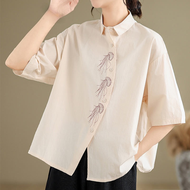 Chemise décontractée en coton à manches mi-longues et col montant avec boutons et motif méduses brodées Buddha Stones pour femme