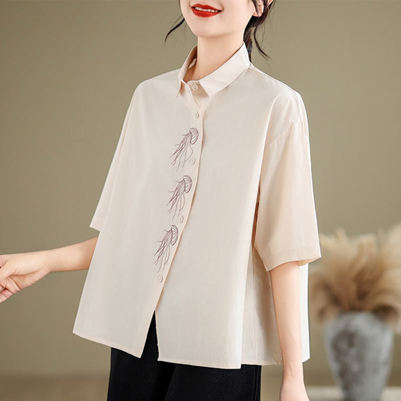 Chemise décontractée en coton à manches mi-longues et col montant avec boutons et motif méduses brodées Buddha Stones pour femme