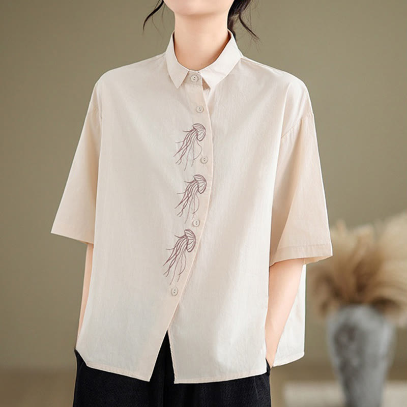 Chemise décontractée en coton à manches mi-longues et col montant avec boutons et motif méduses brodées Buddha Stones pour femme