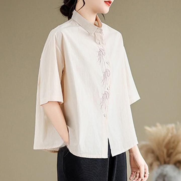 Chemise décontractée en coton à manches mi-longues et col montant avec boutons et motif méduses brodées Buddha Stones pour femme - image 10