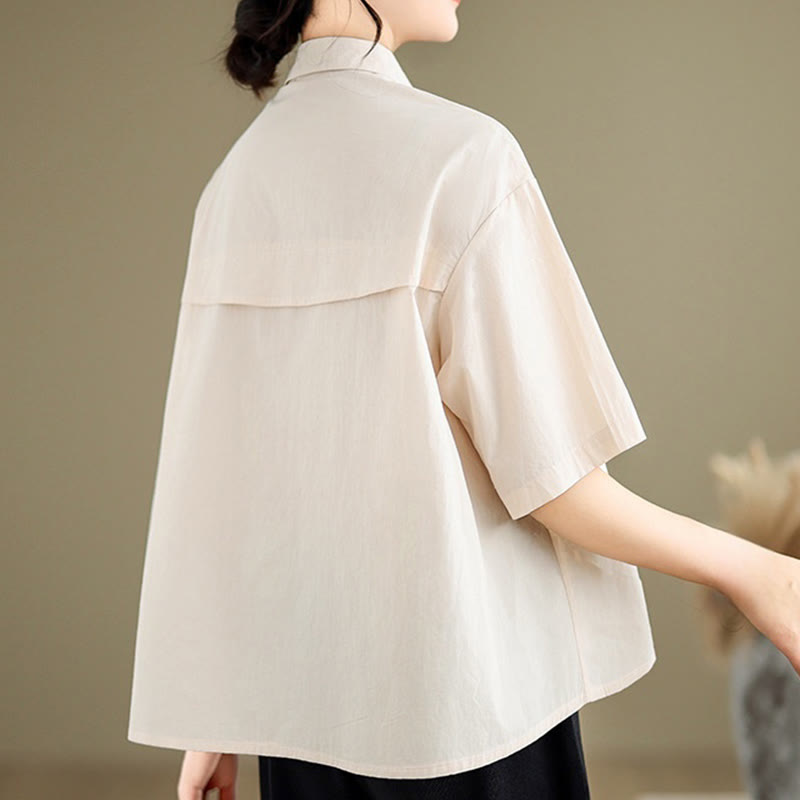 Chemise décontractée en coton à manches mi-longues et col montant avec boutons et motif méduses brodées Buddha Stones pour femme