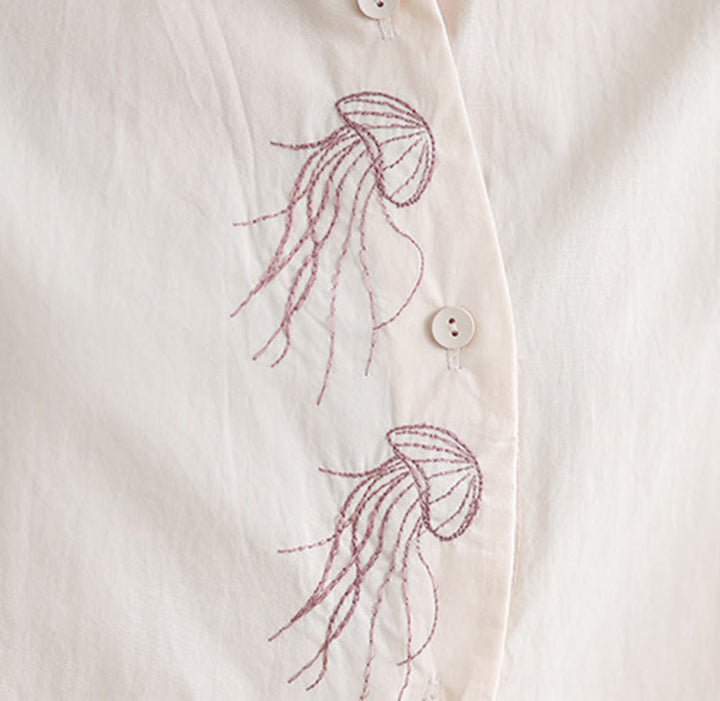 Chemise décontractée en coton à manches mi-longues et col montant avec boutons et motif méduses brodées Buddha Stones pour femme