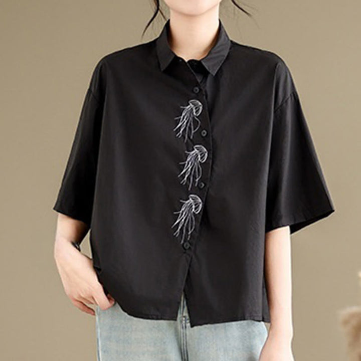 Chemise décontractée en coton à manches mi-longues et col montant avec boutons et motif méduses brodées Buddha Stones pour femme
