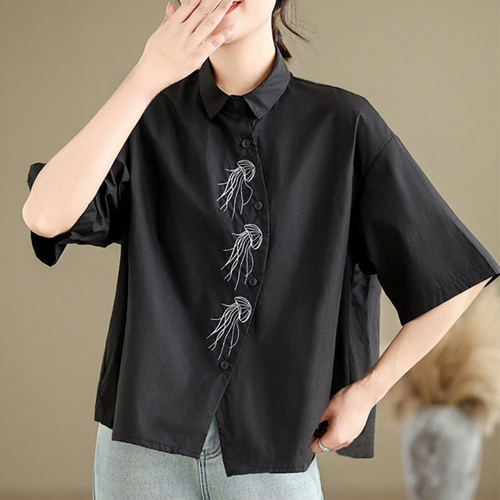 Chemise décontractée en coton à manches mi-longues et col montant avec boutons et motif méduses brodées Buddha Stones pour femme