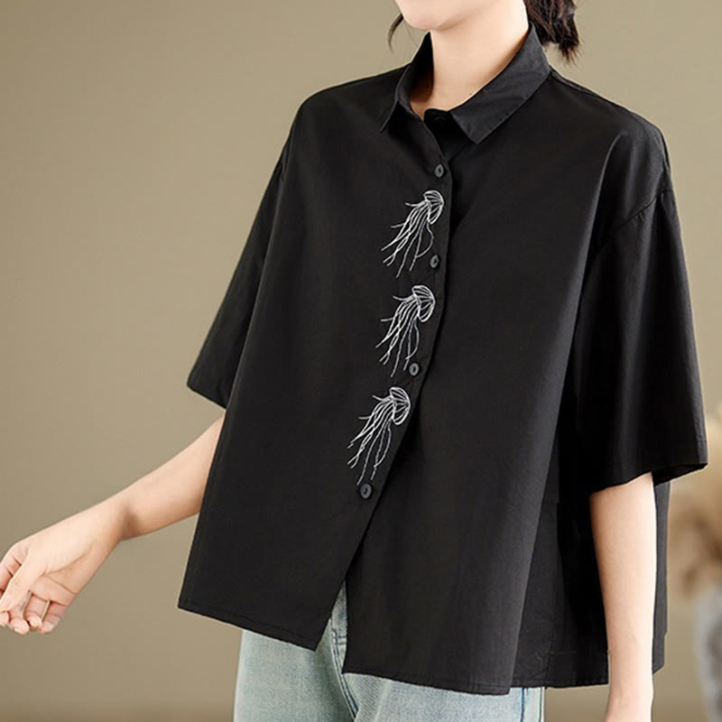 Chemise décontractée en coton à manches mi-longues et col montant avec boutons et motif méduses brodées Buddha Stones pour femme