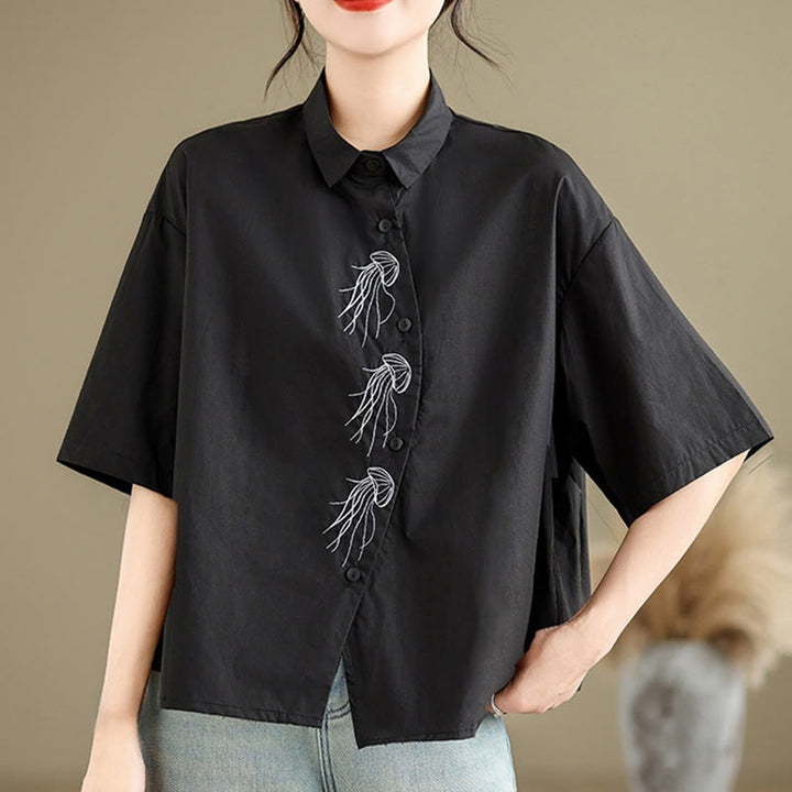Chemise décontractée en coton à manches mi-longues et col montant avec boutons et motif méduses brodées Buddha Stones pour femme