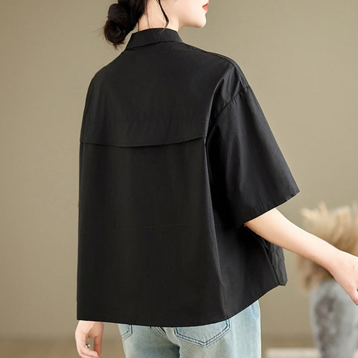 Chemise décontractée en coton à manches mi-longues et col montant avec boutons et motif méduses brodées Buddha Stones pour femme