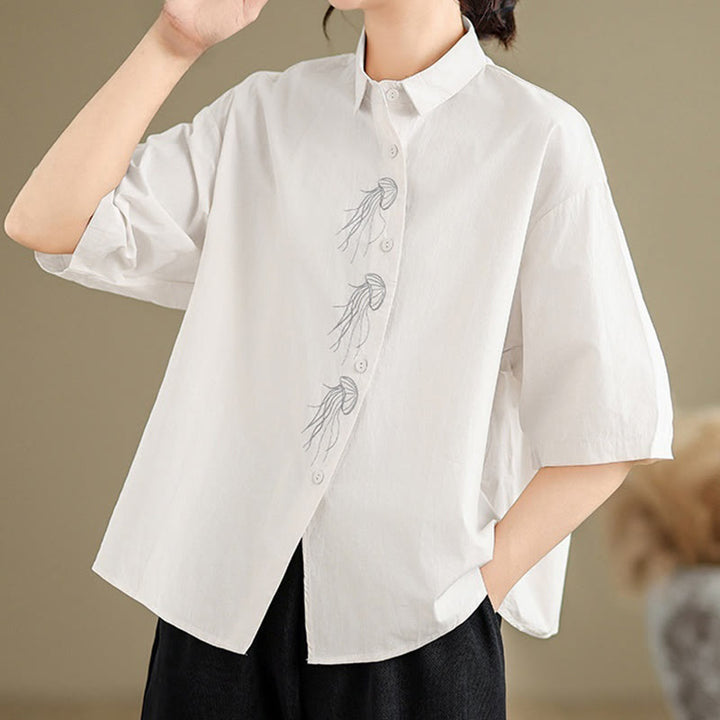 Chemise décontractée en coton à manches mi-longues et col montant avec boutons et motif méduses brodées Buddha Stones pour femme