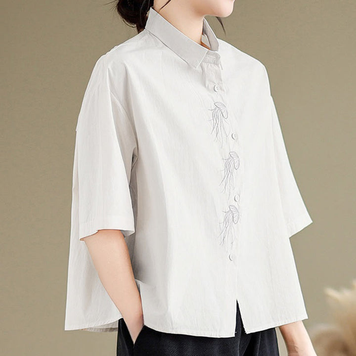 Chemise décontractée en coton à manches mi-longues et col montant avec boutons et motif méduses brodées Buddha Stones pour femme