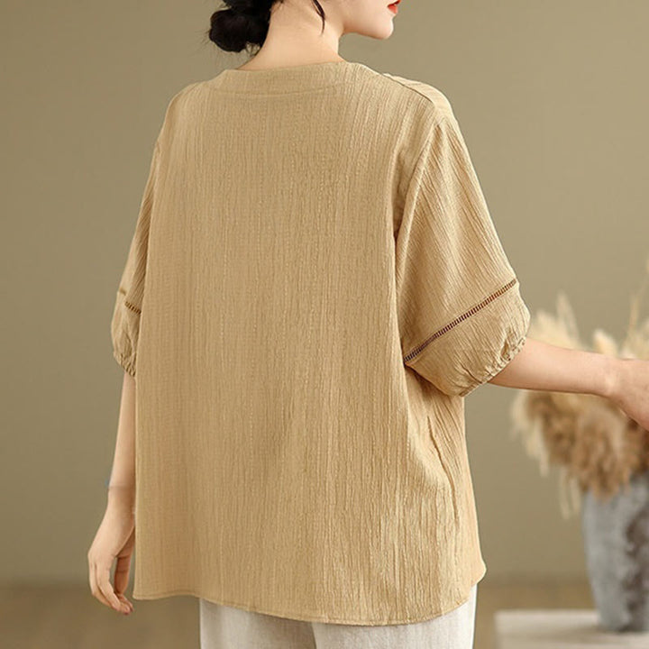 Chemise décontractée à manches courtes et col en V pour femme, en polyester, motif Buddha Stones