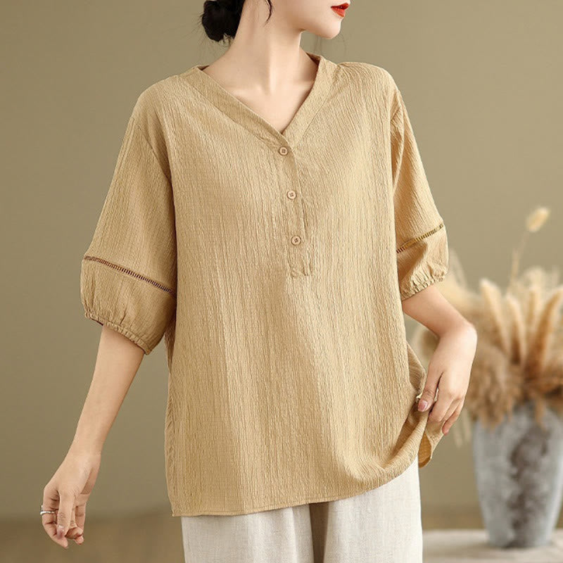 Chemise décontractée à manches courtes et col en V pour femme, en polyester, motif Buddha Stones