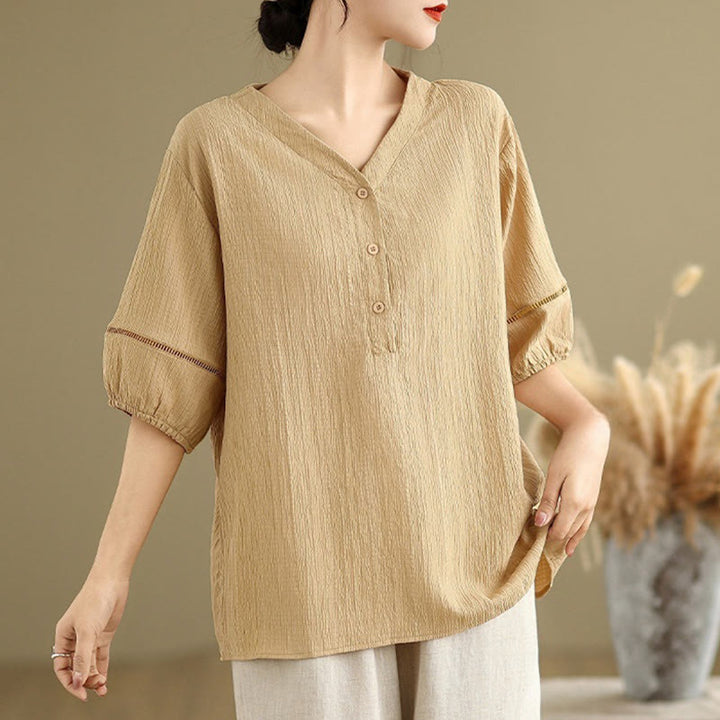Chemise décontractée à manches courtes et col en V pour femme, en polyester, motif Buddha Stones