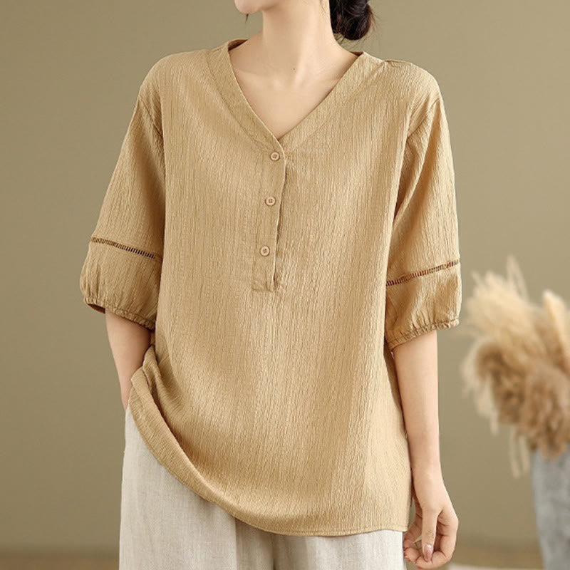 Chemise décontractée à manches courtes et col en V pour femme, en polyester, motif Buddha Stones - Blé - US8-10，UK/AU12-14，EU40-42 (2XL) - image 0