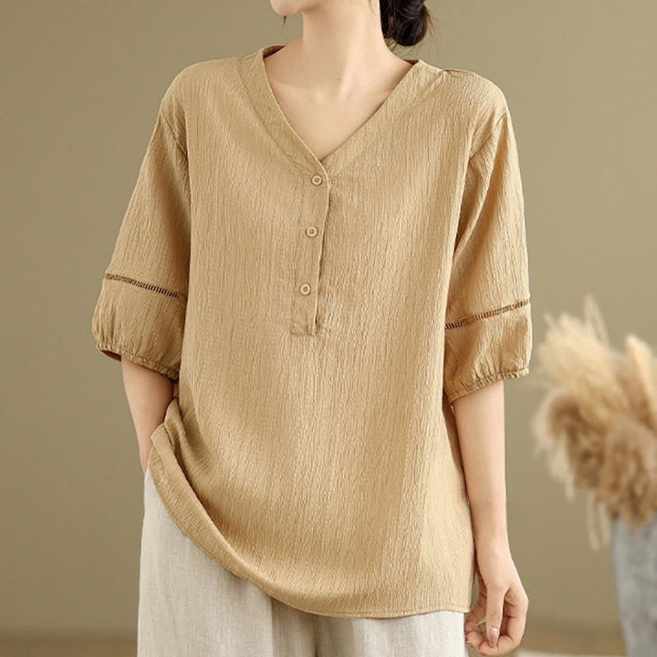 Chemise décontractée à manches courtes et col en V pour femme, en polyester, motif Buddha Stones - Blé - US8-10，UK/AU12-14，EU40-42 (2XL) - image 0