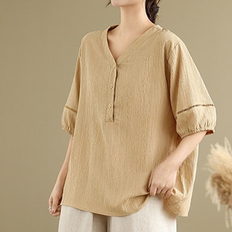 Chemise décontractée à manches courtes et col en V pour femme, en polyester, motif Buddha Stones