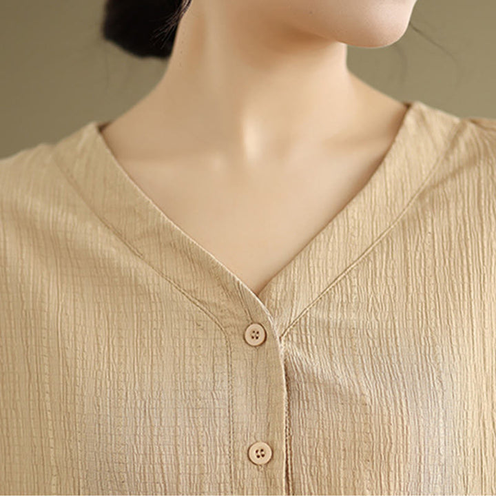 Chemise décontractée à manches courtes et col en V pour femme, en polyester, motif Buddha Stones