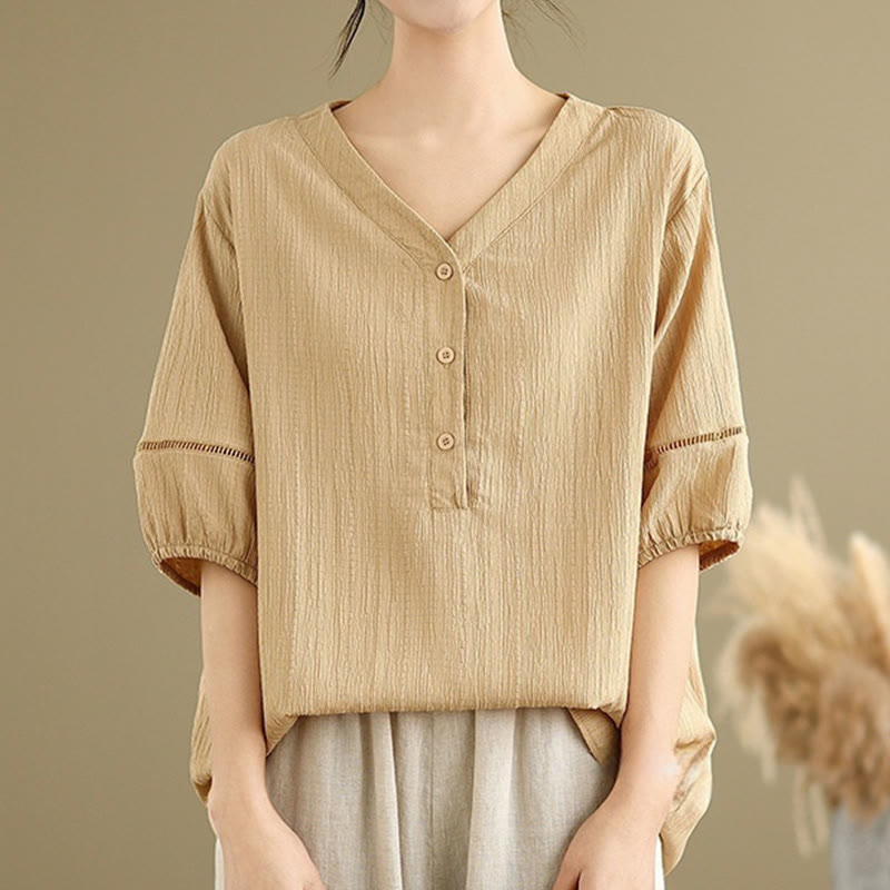 Chemise décontractée à manches courtes et col en V pour femme, en polyester, motif Buddha Stones