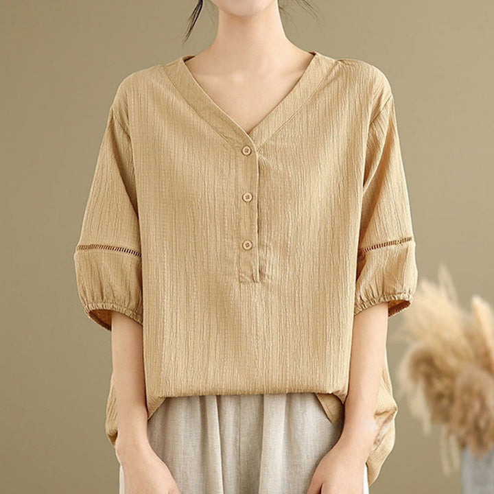 Chemise décontractée à manches courtes et col en V pour femme, en polyester, motif Buddha Stones