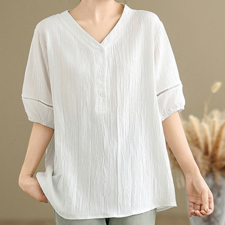 Chemise décontractée à manches courtes et col en V pour femme, en polyester, motif Buddha Stones