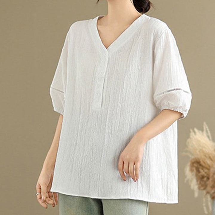 Chemise décontractée à manches courtes et col en V pour femme, en polyester, motif Buddha Stones