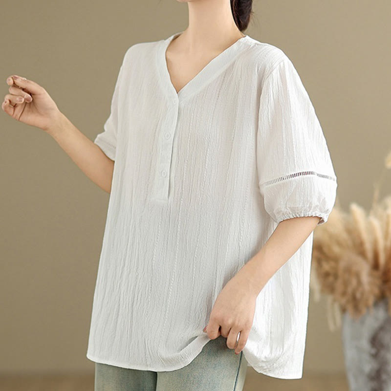 Chemise décontractée à manches courtes et col en V pour femme, en polyester, motif Buddha Stones
