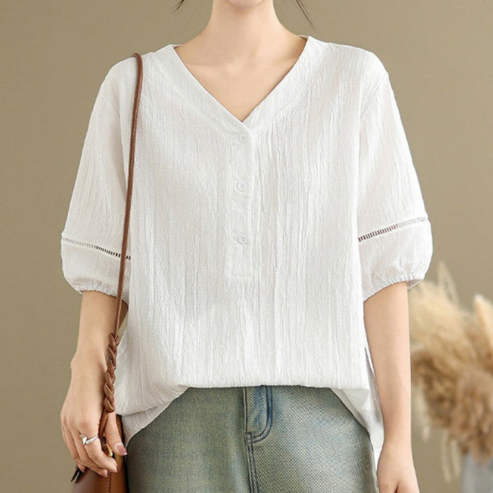 Chemise décontractée à manches courtes et col en V pour femme, en polyester, motif Buddha Stones - image 21