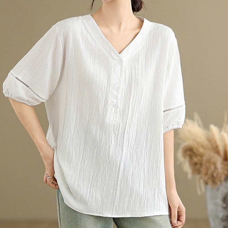 Chemise décontractée à manches courtes et col en V pour femme, en polyester, motif Buddha Stones