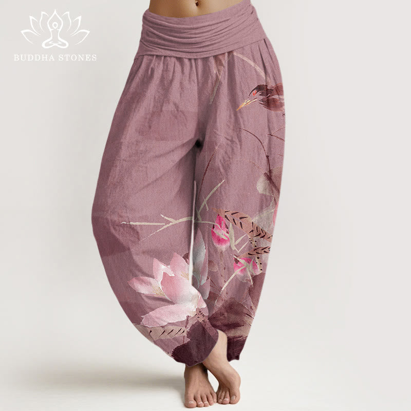 Pantalon sarouel à taille élastique pour femme avec motif de feuilles de lotus roses et oiseaux et Buddha Stones - Violet pâle Rouge - US22，UK/AU26，EU54 (6XL) - image 8