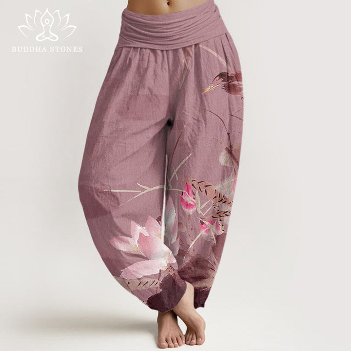 Pantalon sarouel à taille élastique pour femme avec motif de feuilles de lotus roses et oiseaux et Buddha Stones - Violet pâle Rouge - US22，UK/AU26，EU54 (6XL) - image 8