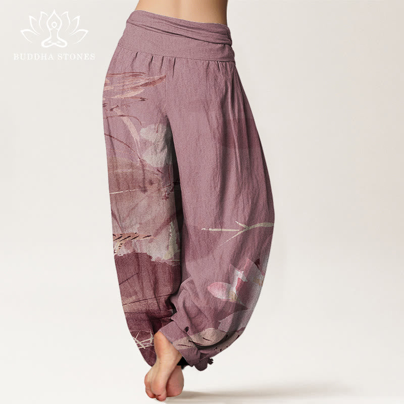 Pantalon harem à taille élastique pour femme, en coton rose à motif de feuilles de lotus et d'oiseaux, avec Buddha Stones - image 9