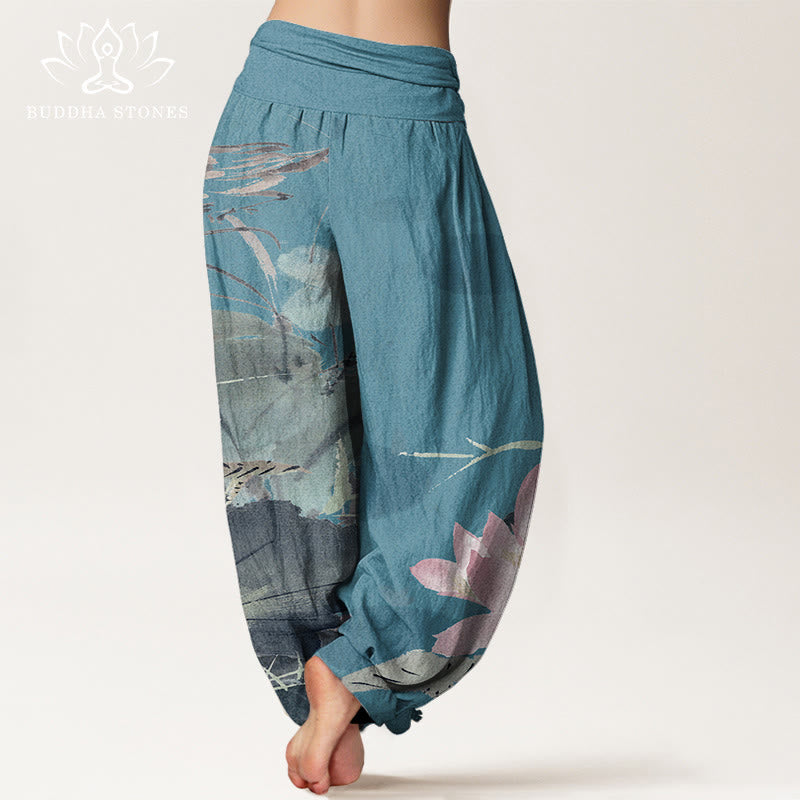 Pantalon harem à taille élastique pour femme, en coton rose à motif de feuilles de lotus et d'oiseaux, avec Buddha Stones - image 6