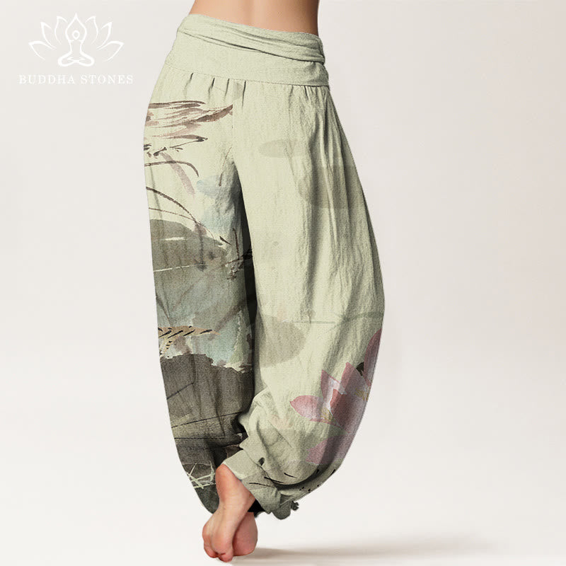 Pantalon sarouel à taille élastique pour femme avec motif de feuilles de lotus roses et oiseaux et Buddha Stones - image 2