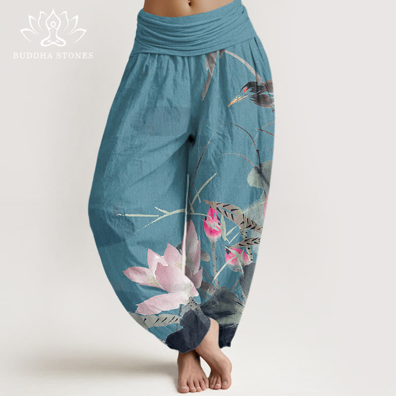 Pantalon sarouel à taille élastique pour femme avec motif de feuilles de lotus roses et oiseaux et Buddha Stones - Turquoise foncé - US22，UK/AU26，EU54 (6XL) - image 4