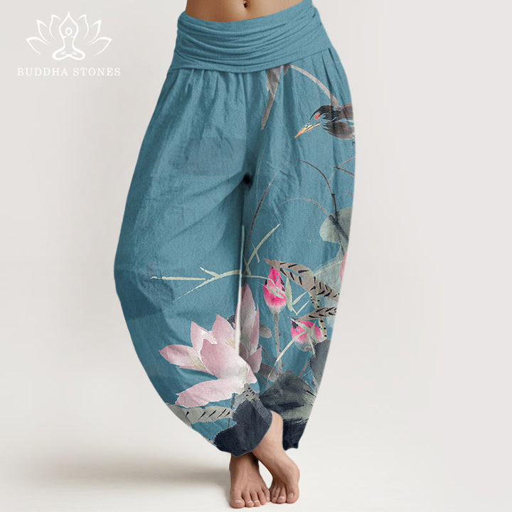 Pantalon sarouel à taille élastique pour femme avec motif de feuilles de lotus roses et oiseaux et Buddha Stones - Turquoise foncé - US22，UK/AU26，EU54 (6XL) - image 4