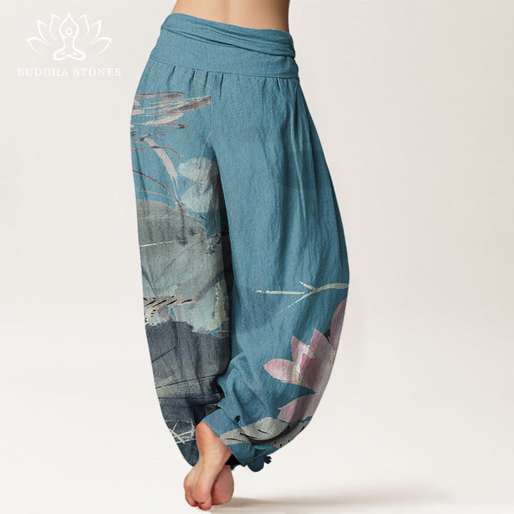 Pantalon sarouel à taille élastique pour femme avec motif de feuilles de lotus roses et oiseaux et Buddha Stones - image 6