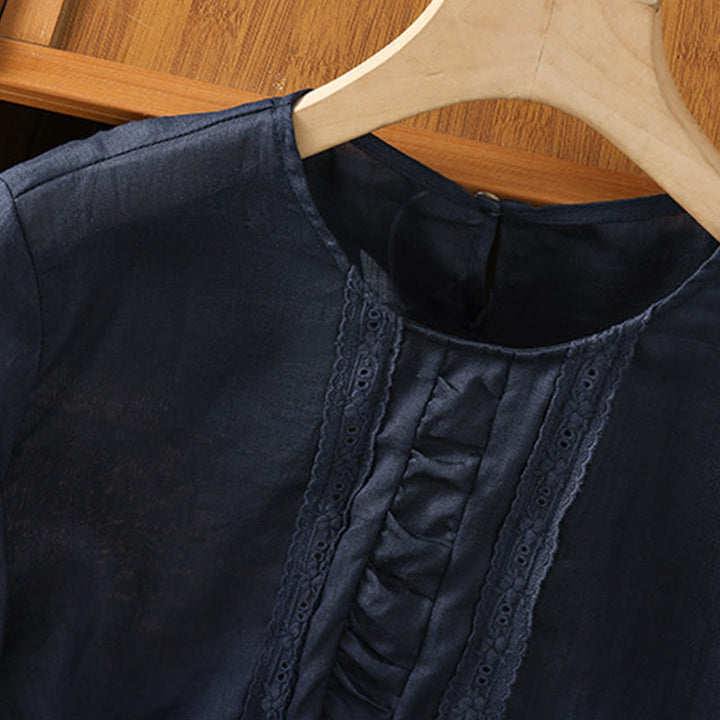 Chemise décontractée à manches trois-quarts en coton et lin pour femme, motif Buddha Stones, couleur unie, col ras du cou - image 4