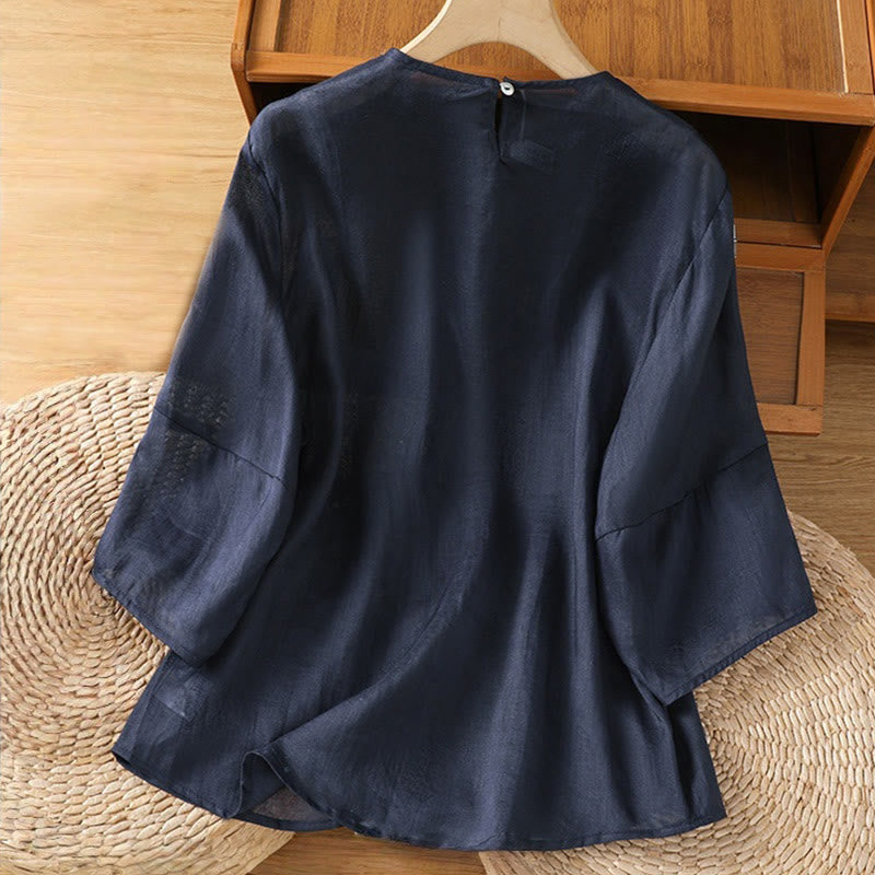 Chemise décontractée à manches trois-quarts en coton et lin pour femme, motif Buddha Stones, couleur unie, col ras du cou - image 1