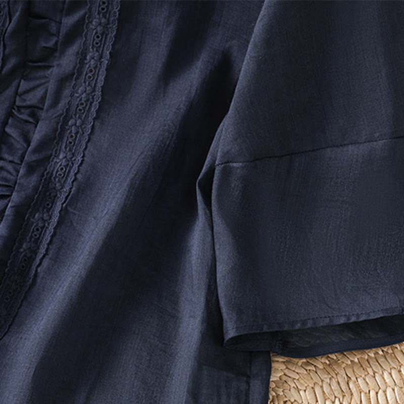 Chemise décontractée à manches trois-quarts en coton et lin pour femme, motif Buddha Stones, couleur unie, col ras du cou - image 5