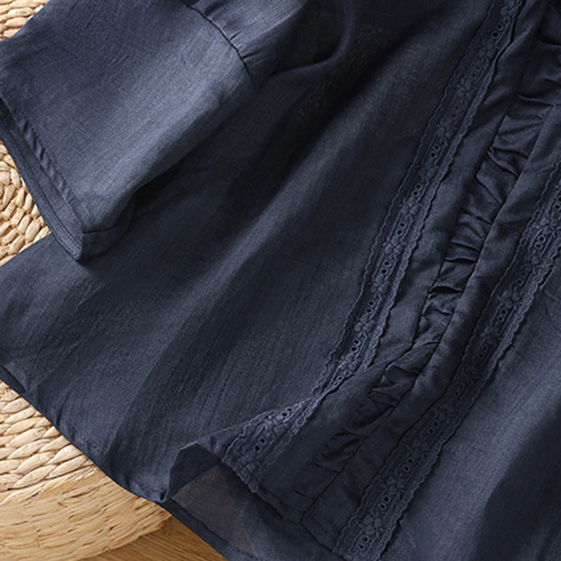 Chemise décontractée à manches trois-quarts en coton et lin pour femme, motif Buddha Stones, couleur unie, col ras du cou - image 6