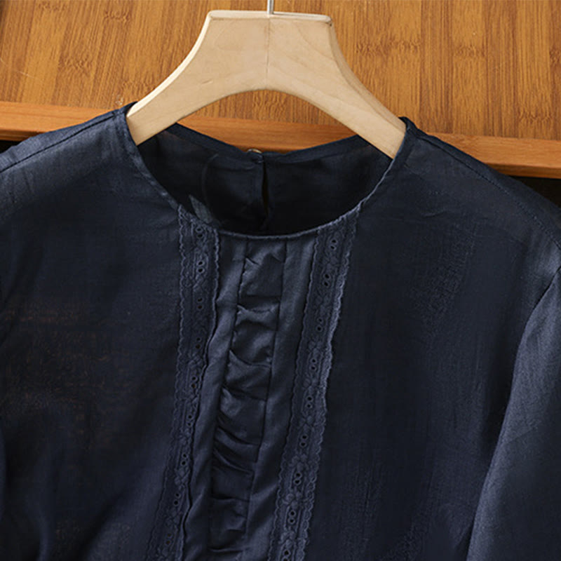 Chemise décontractée à manches trois-quarts en coton et lin pour femme, motif Buddha Stones, couleur unie, col ras du cou - image 3