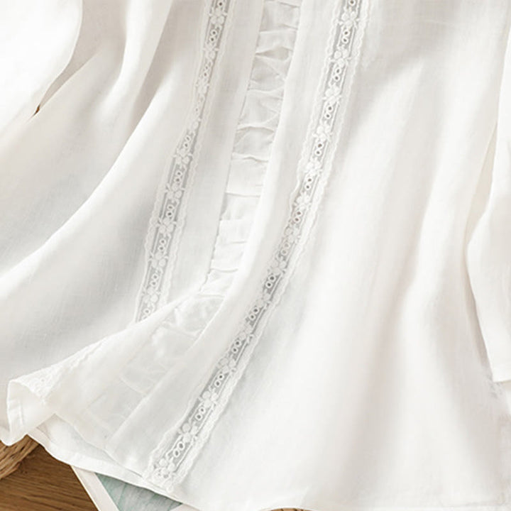 Chemise décontractée à manches trois-quarts en coton et lin pour femme, motif Buddha Stones, couleur unie, col ras du cou - image 9