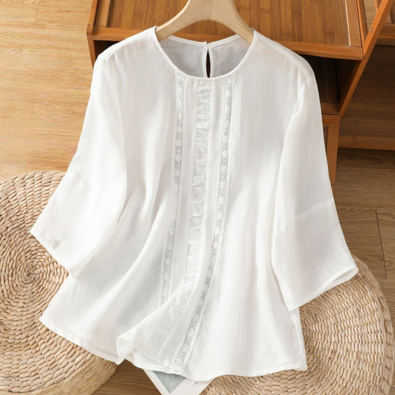 Chemise décontractée à manches trois-quarts en coton et lin pour femme, motif Buddha Stones, couleur unie, col ras du cou - Blanc - US8-10，UK/AU12-14，EU40-42 (2XL) - image 7